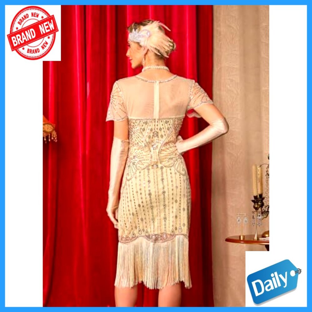 Vintage 1920s Flapper Dress with Beaded Sleeves and Fringe Hem - Picture 3 of 7